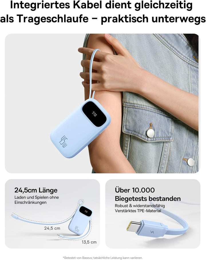 Baseus Powerbank 20000mAh 45W mit integriertem USB-C Kabel, QPow3 Power Bank PD3.0 QC4.0 Externe Han