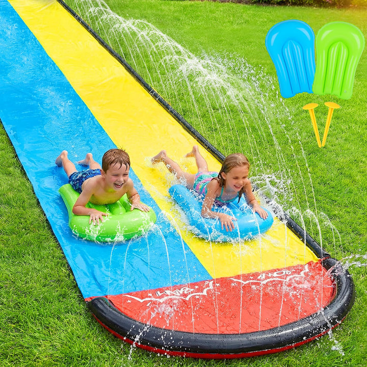 Mineup 480 x 140cm Wasserrutsche Garten, Wasserrutschmatte mit 2 Bodyboards, Doppelrutsche mit Einge