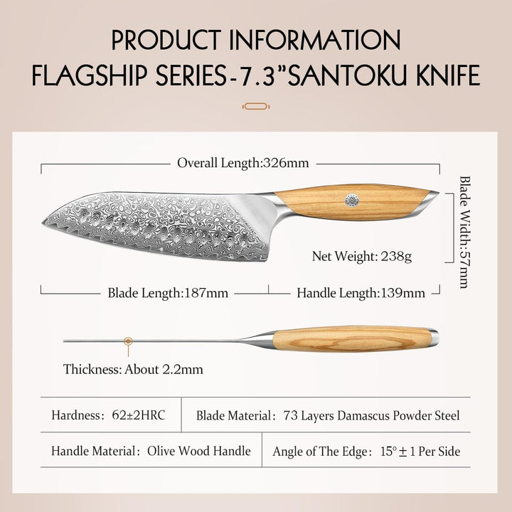 HEZHEN Damast Santokumesser Kochmesser 73 Schichten Damastmesser Küchenmesser mit Olivenholz Griff,