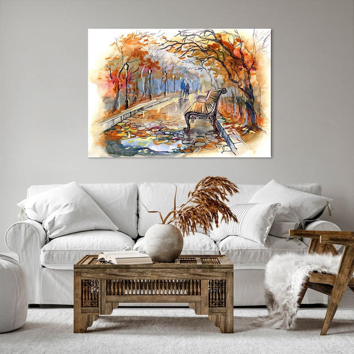 ARTTOR Bilder auf Leinwand 100x70cm Leinwandbild Path Bench Herbst Frau Gross Wanddeko Bild Schlafzi