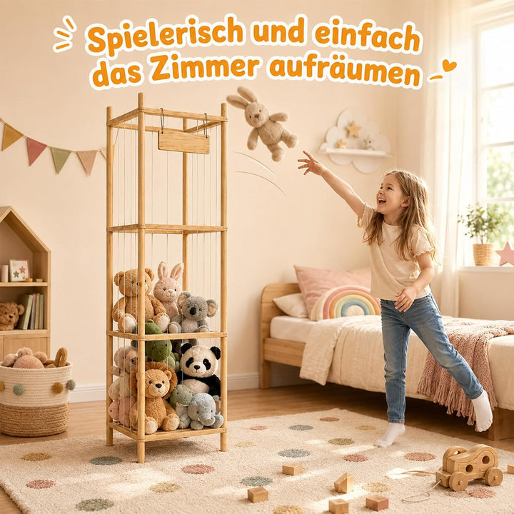 Kuscheltier Aufbewahrung mit Stoffschubladen – Holz Stofftier Regal mit Zoo Design, 146×40×40 cm Plü