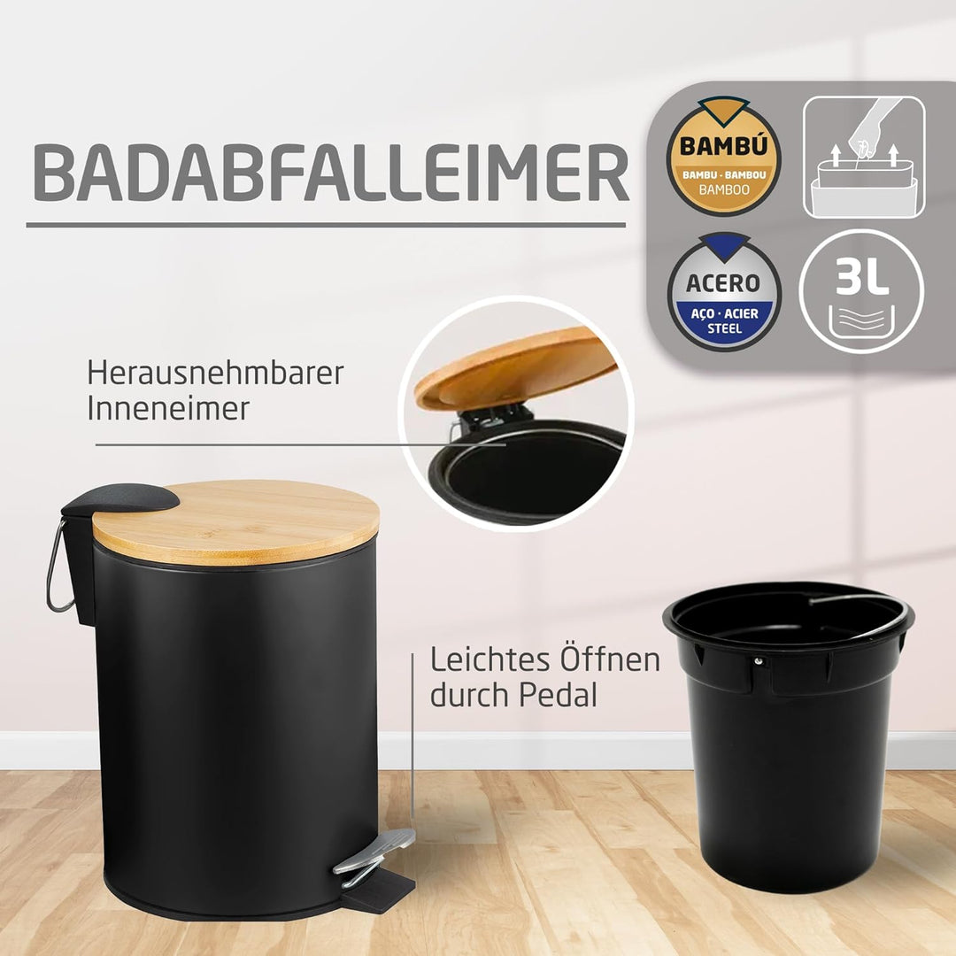 Amig - Set aus Mülleimer und WC-Bürstenhalter Naturline - Ø168 x 230 mm - Edelstahl und Bambus - Far