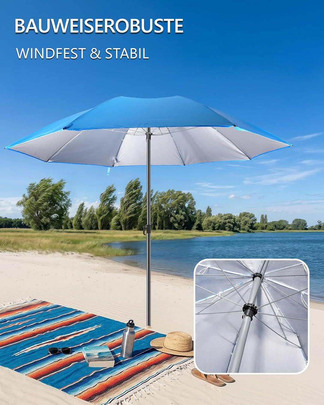 4smile Sonnenschirm Strand Ø 160 cm - UPF 50+ Praktischer Reise Sonnenschirm für Koffer - Funktionel