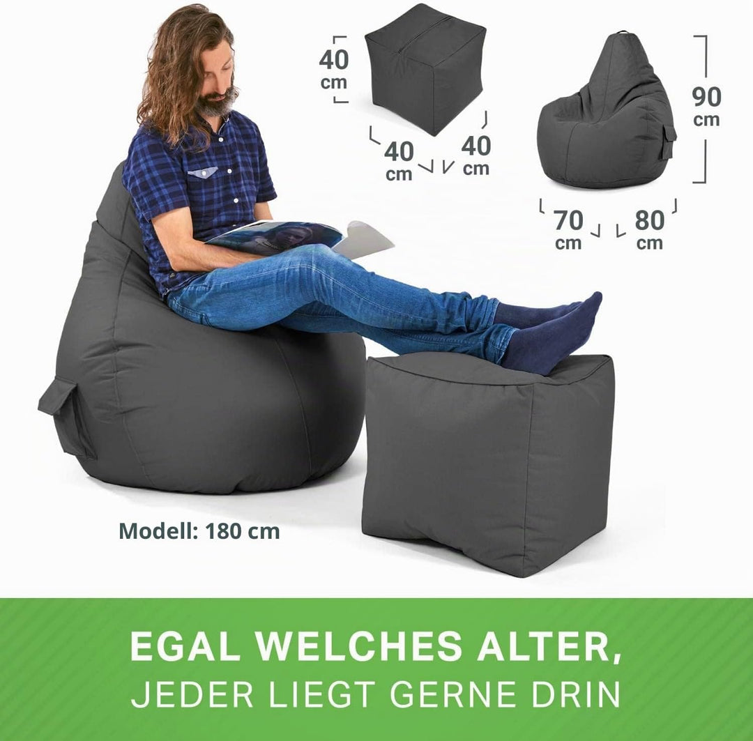 Green Bean 2er Set Sitzsack + Hocker - fertig befüllt - robust waschbar schmutzabweisend - Kinder &
