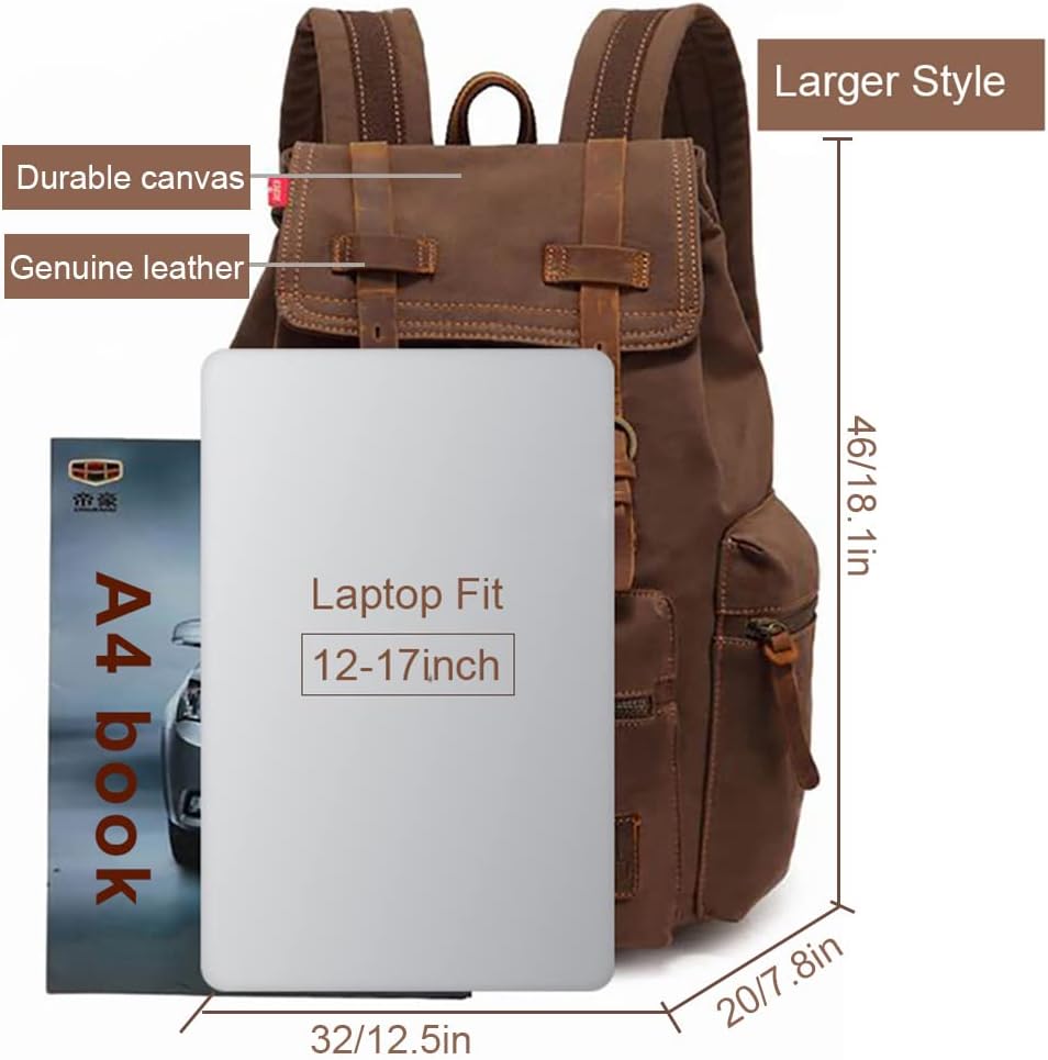 AUGUR Retro Segeltuch Rucksack, Canvas Vintage Rucksack Laptop Daypack Schulrucksack Reisetasche Led