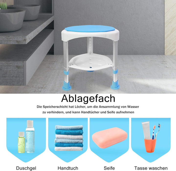 Duschhocker Duschstuhl Höhenverstellbar Anti-Rutsch mit praktische Ablage, Aluminium rund 360° Drehb