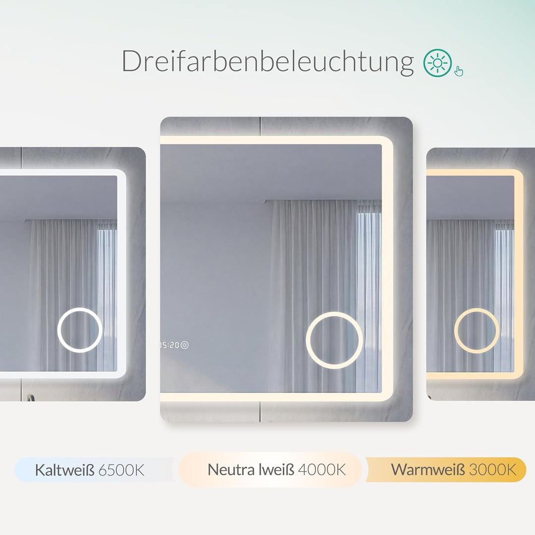 Badspiegel mit Beleuchtung - Wandspiegel mit 3X Vergrösserung, 3 Farben & Dimmbare Helligkeit, Touch
