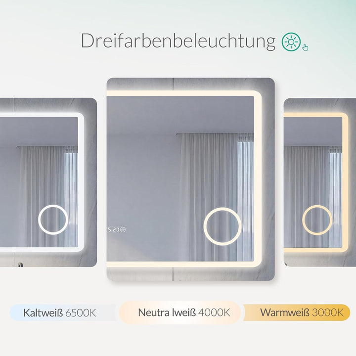 Badspiegel mit Beleuchtung Antibeschlag Touch-Schalter Uhr 80x60cm | Wandspiegel mit 3 Farben &amp; Dimm