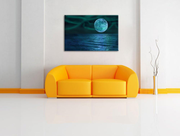 ruhiges Meer mit Vollmond schwarz/weiss Format: 100x70 auf Leinwand, XXL riesige Bilder fertig gerah