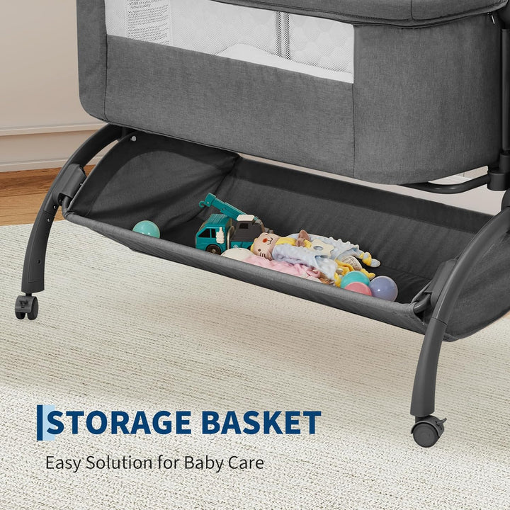 GarveeTech Beistellbett Baby höhenverstellbar mit Matratze, Mesh-Seiten, Wiegefunktion, Rollen mit B