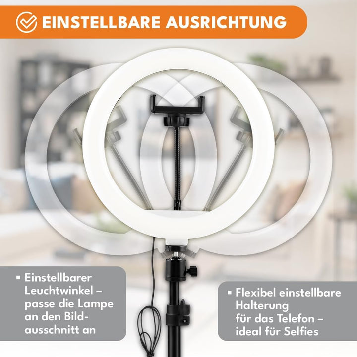 KRUMAD Ringlicht mit Stativ, LED Ringleuchte, Ringlampe, Selfie Licht | 3 Lichtfarben, mit Handyhalt
