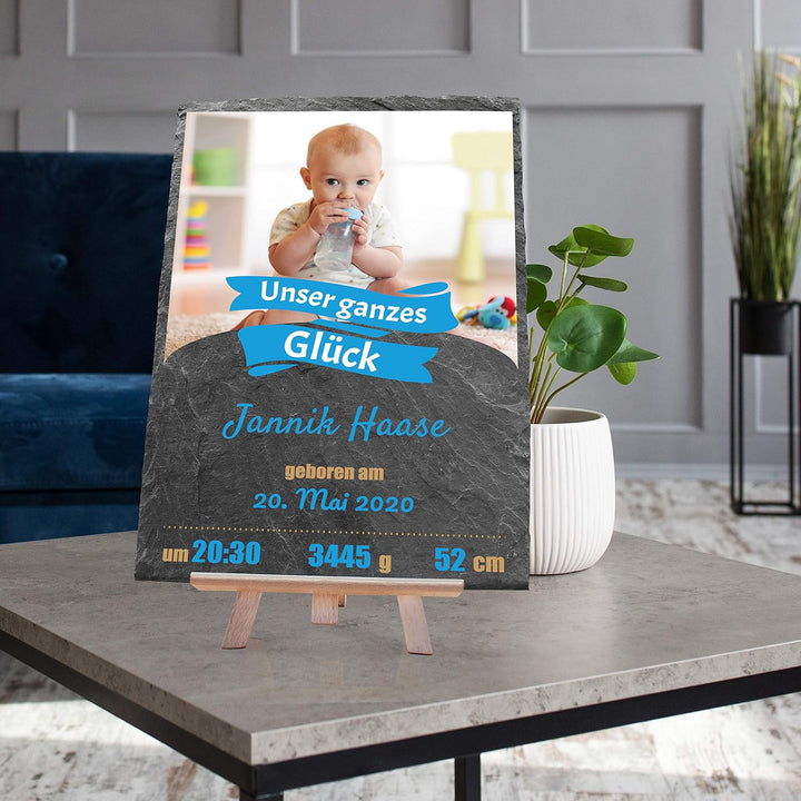 wandmotiv24 Schieferplatte mit eigenem Foto zur Geburt, 20 x 30 cm, inklusive Staffelei, Unser ganze
