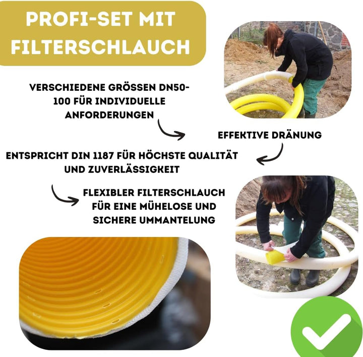 10m Drainagerohr DN65 gelb gelocht und 10m Filterschlauch F65