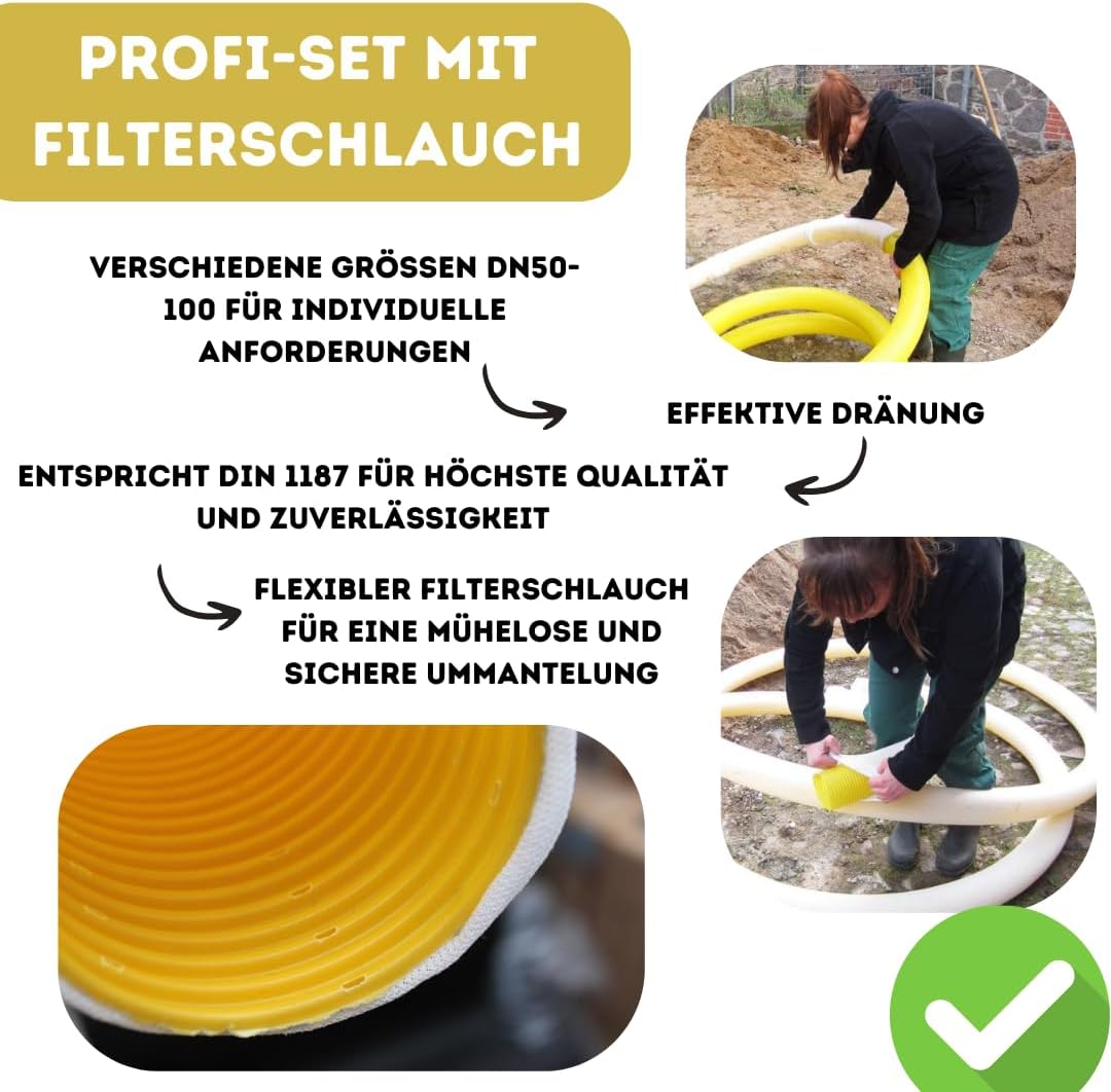 10 meter Drainagerohr DN 50 gelb gelocht und 10m Filterschlauch als PROFI SET