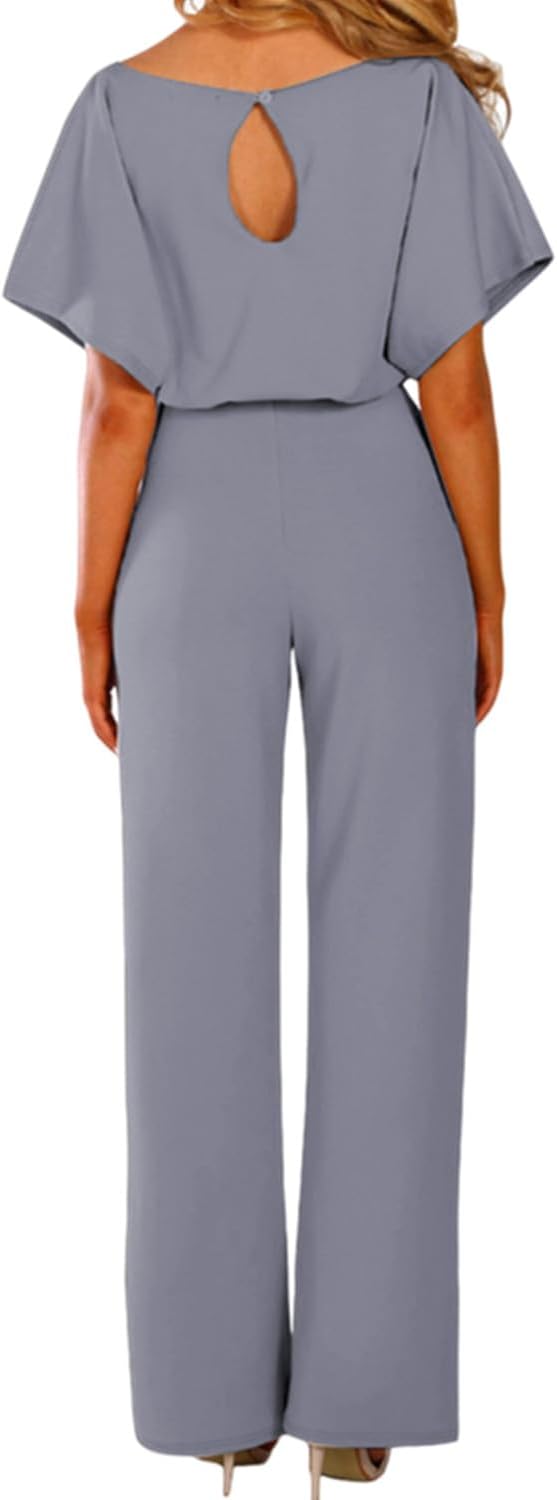 Damen Lang Jumpsuit Overall Hosenanzug Elegant Romper Kurzarm Rundhals Playsuit mit Gürtel Hosenanzu