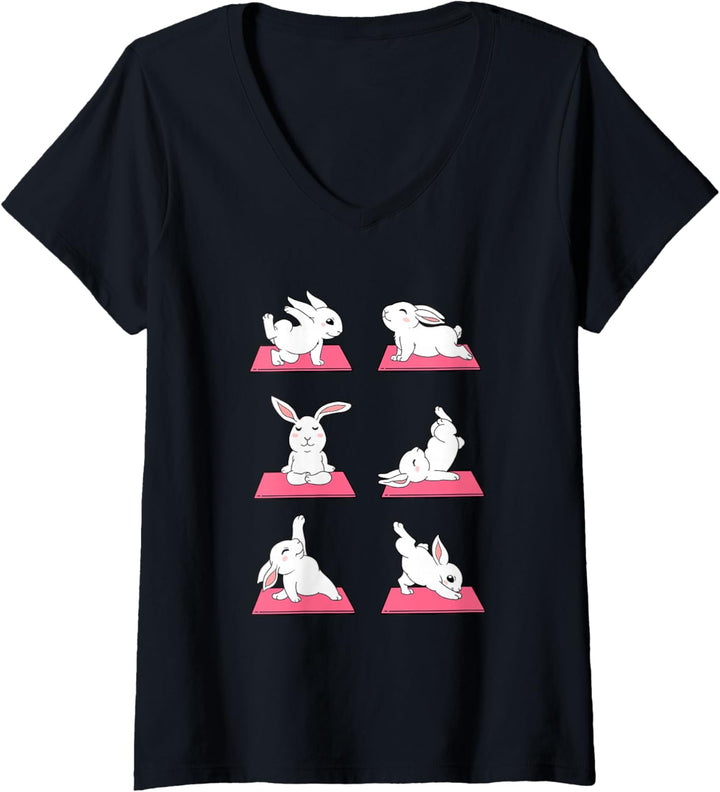 Damen Lustiges Hasen Yoga Lotus Hase Chakra Meditation Kaninchen T-Shirt mit V-Ausschnitt