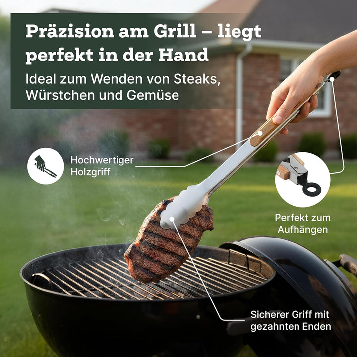 BBQ Hub Grillspachtel/Grillspatel Set 7-in-1 aus Edelstahl mit Holzgriff inkl. Grillzange – multifun