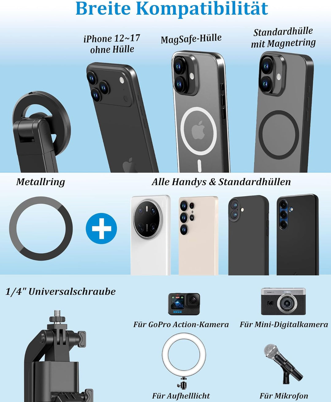 PlusAcc 184cm Auto Face Tracking Stativ – Magnetischer Selfie Stick für iPhone, 360° Drehung Halter