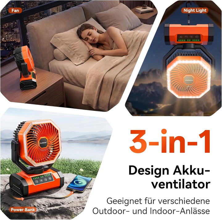 20000mAh Camping Ventilator, Aufladbare Akku Ventilator, Tragbarer Ventilators mit LED Licht, 120° O