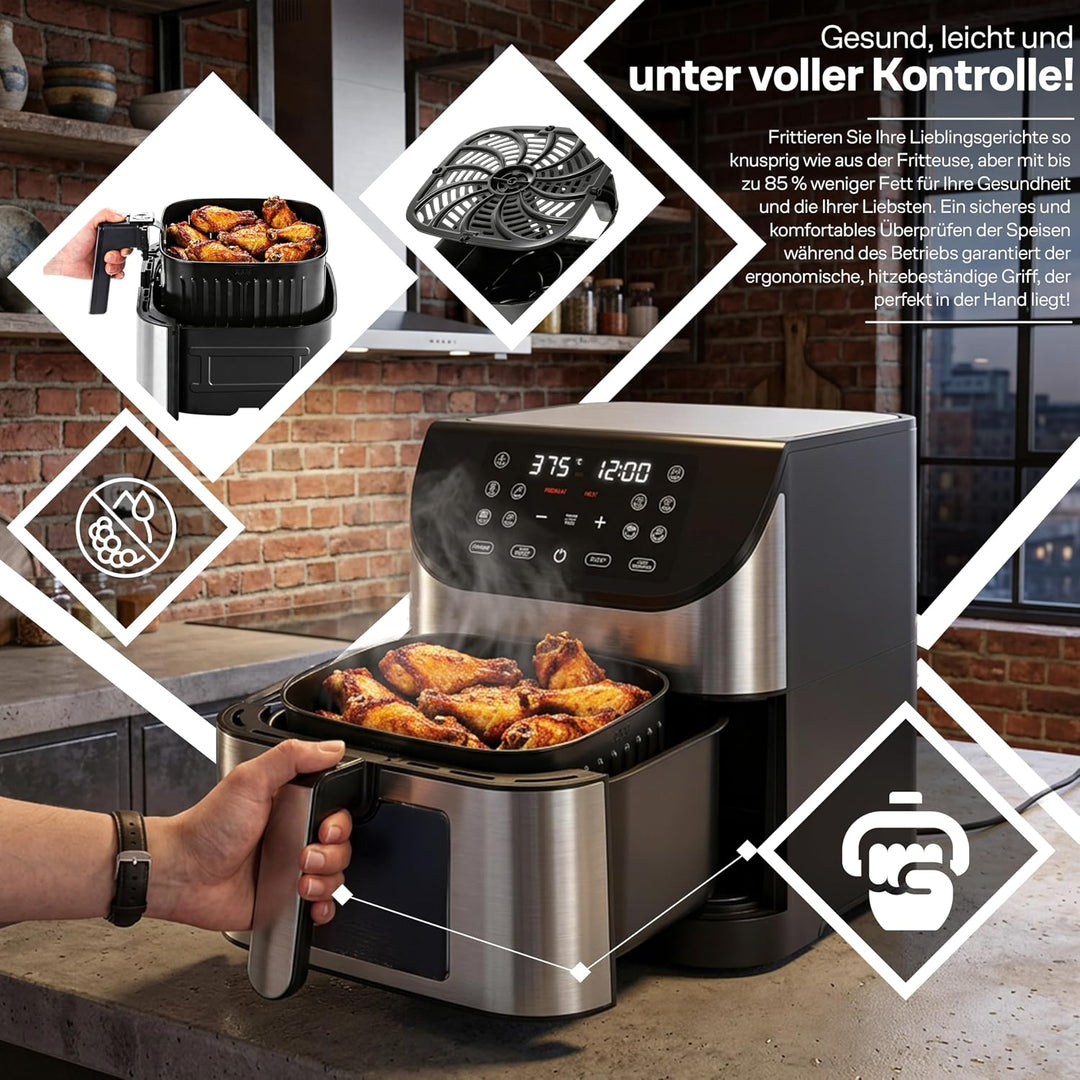 Retoo Heissluftfritteuse XXL 8L Airfryer 12-in-1 Funktionen, 1800W Leistung, Antihaftbeschichtung, T