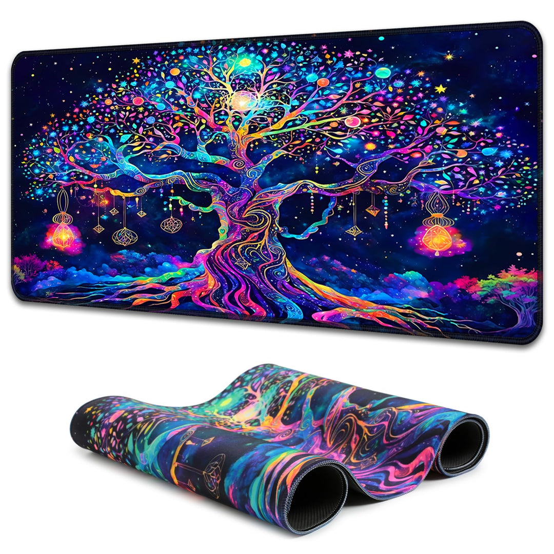 Simpkeely Bunter Baum des Lebens Mauspad, Schwarzlicht Gaming Extended Desk Pad, UV-reaktive wasserd