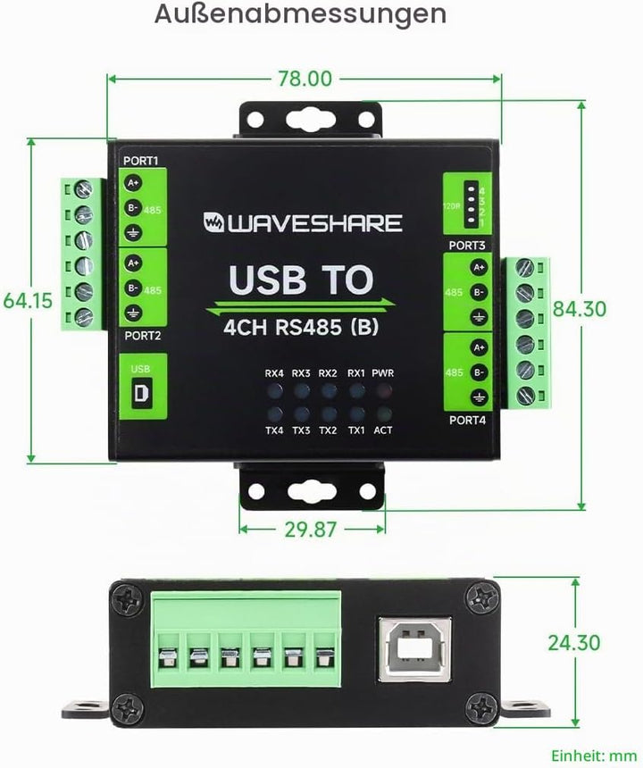 Waveshare Industrial Isolated USB to 4-Ch RS485 Converter (B), CH344L Chip, Multi Protection Circuit