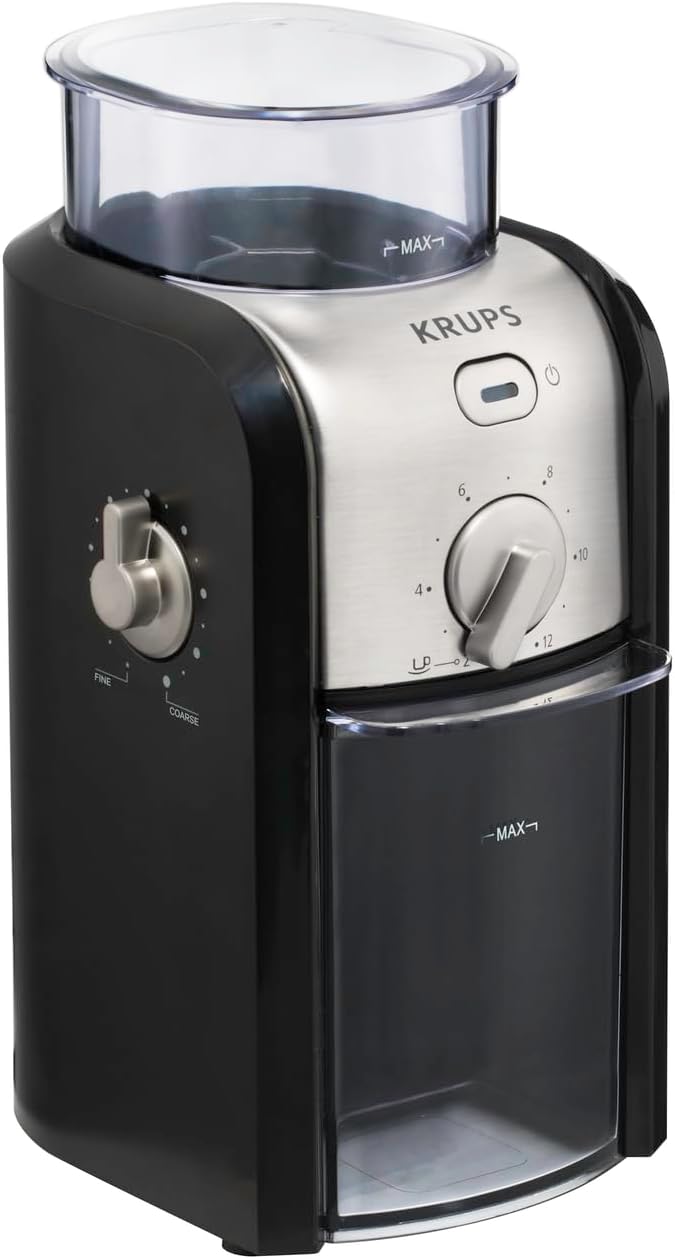KRUPS GVX212 Kaffeemühle | mit Mahlgrad- Und Tassenzahlauswahl | Scheibenmahlwerk aus Edelstahl | 22