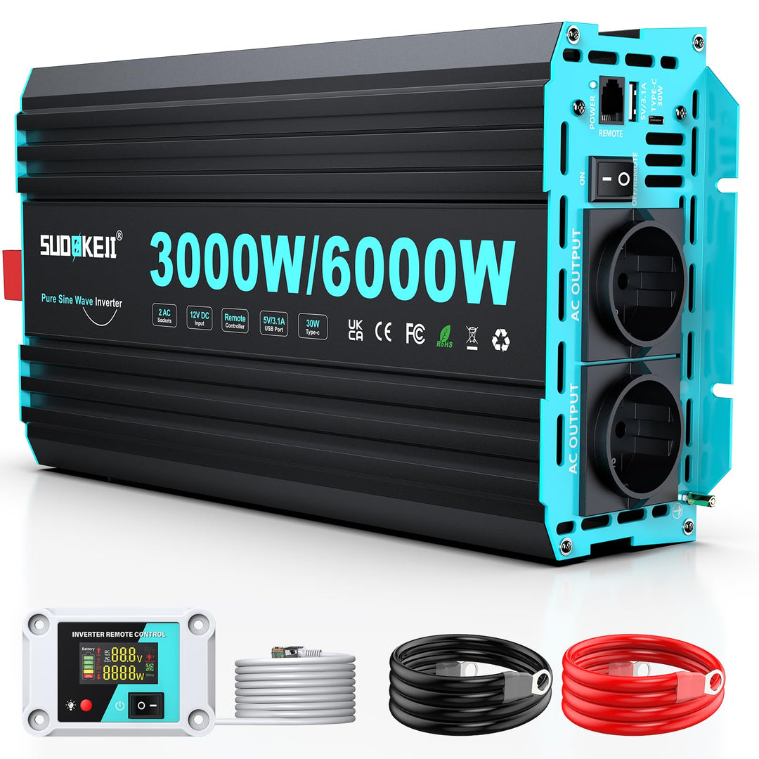SUDOKEJI 3000W/6000W Wechselrichter Reiner Sinus Spannungswandler 12v auf 230v Power Inverter mit LC