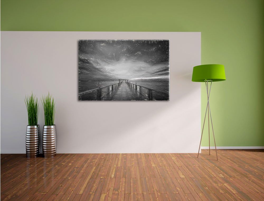 Pixxprint Endloser Steg ins Meer im Sonnenuntergang Kohle Zeichnung Effekt, Format: 100x70 auf Leinw