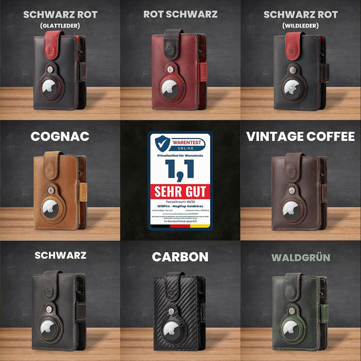 Will Fire® AirTag Wallet | Inkl. Airtag Anhänger | Leder Geldbörse mit Münz- &amp; Scheinfach | Extra ge