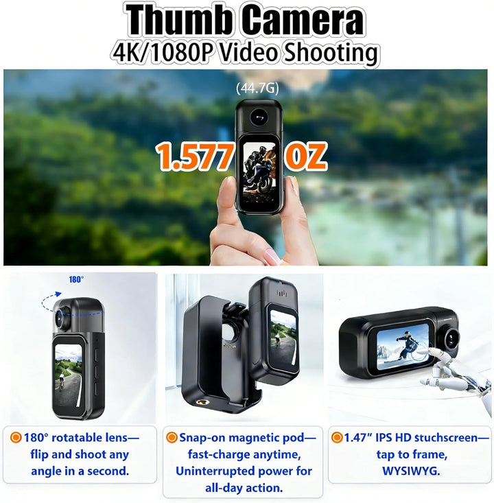 4K Mini Action Kamera WLAN, Daumengrösse mit 1,47” Touchscreen & 180° Drehbarer Linse, Magnetische B