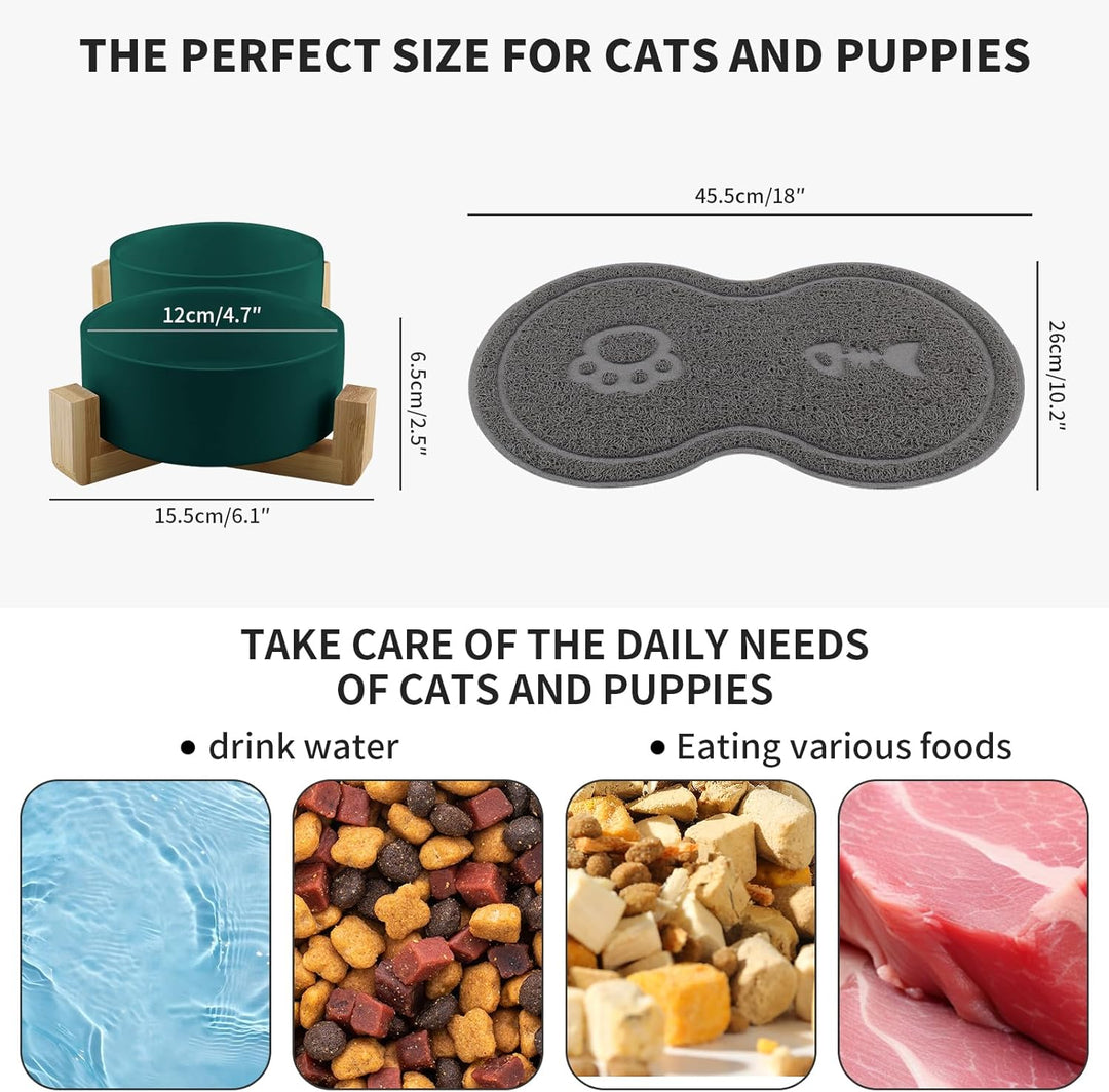 Katzennapf, 2 Stück Keramik Futternapf Katze Set, 3-in-1 rutschfeste Katzennäpfe mit Holzstände und