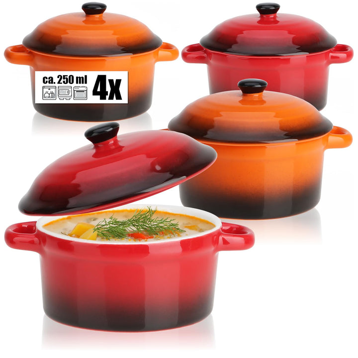 com-four® 4x Auflaufform mit Deckel aus Keramik - Dessertschale für z.B. Ragout fin in orange und ro