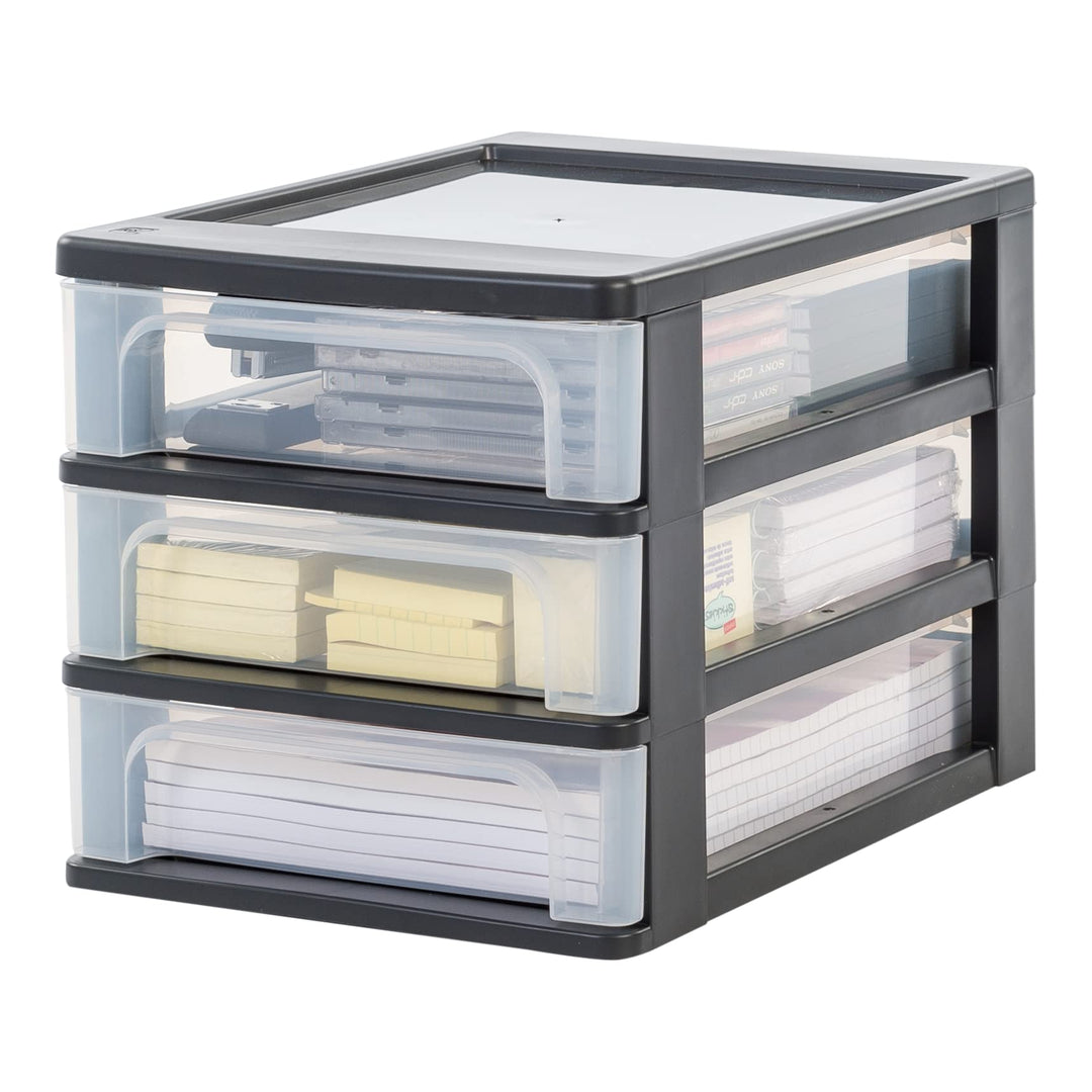 Iris Ohyama, Schreibtisch-Organizer mit 3 flachen Schubladen, Schwarz, Easy-Pull-System, A4, A5 & A6