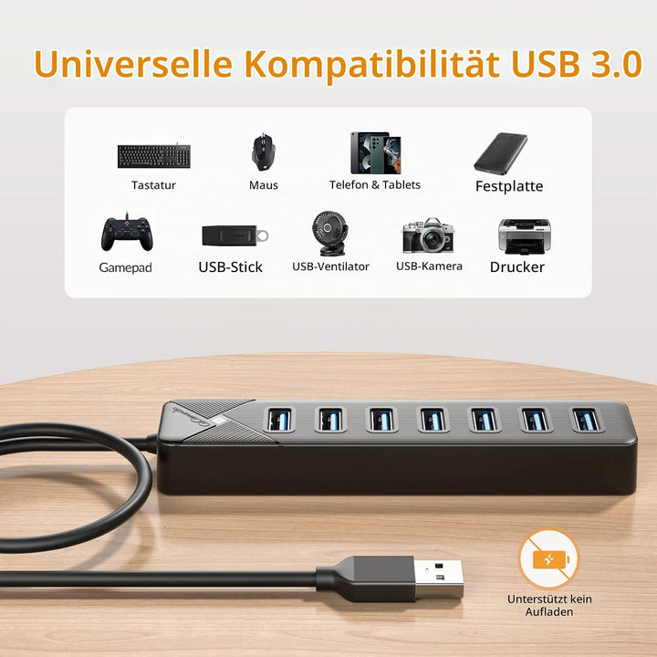 GiGimundo PG7U USB Hub 3.0, 7-Port USB Verteiler, 50CM Kabel mit 5V/3A Stromeingang, Mehrfach USB St