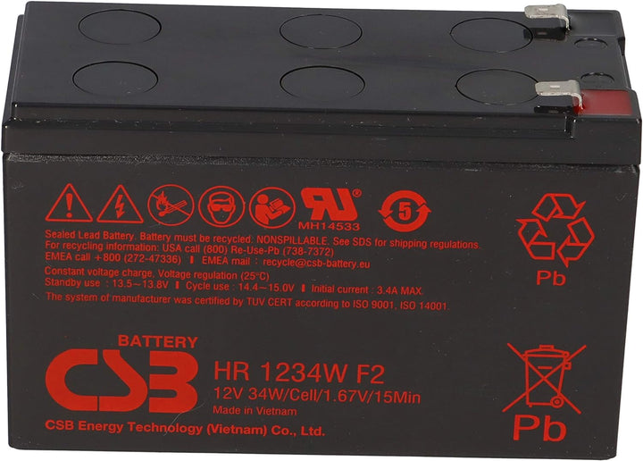 Bleiakku CSB HR 1234W F2 12V 8,4Ah 34W 1,67V/15Min hochstrom Bleigel AGM, kompatibel MP1236H, NPW45-