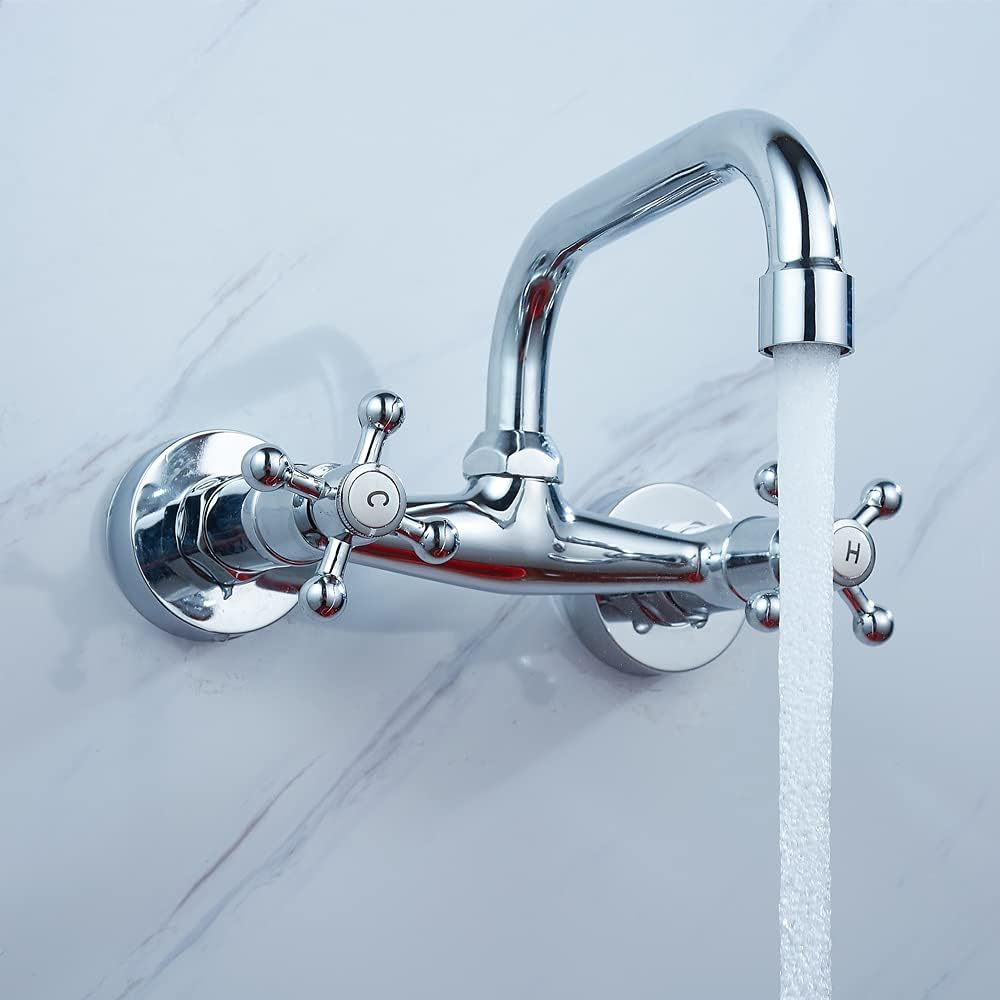 Wasserhahn Wandmontage Messing Zweigriff Nostalgie 180° Drehregler Waschtisch Armatur Kalt und Heiss