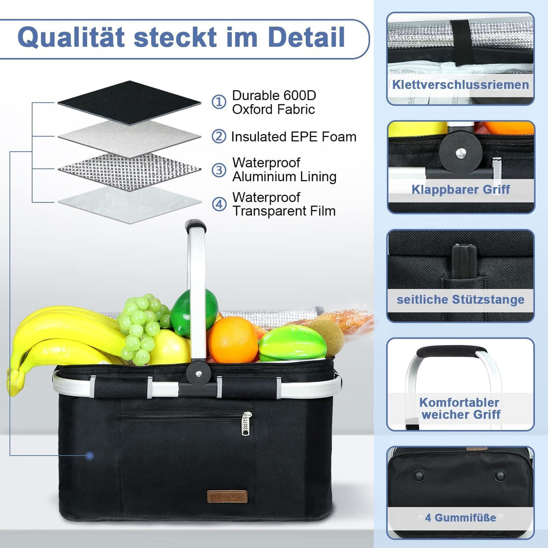 ABIUBIU 34L Kühltasche Einkaufskorb Picknickkorb Grosse isolierte Kühlkorb Lunchtasche Thermo Tasche