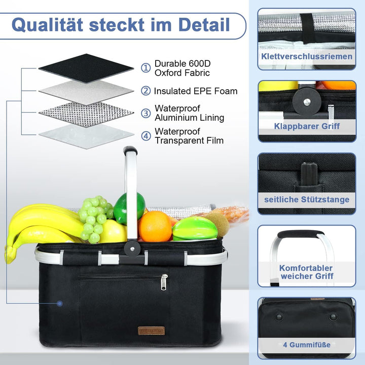 ABIUBIU 34L Kühltasche Einkaufskorb Picknickkorb Grosse isolierte Kühlkorb Lunchtasche Thermo Tasche