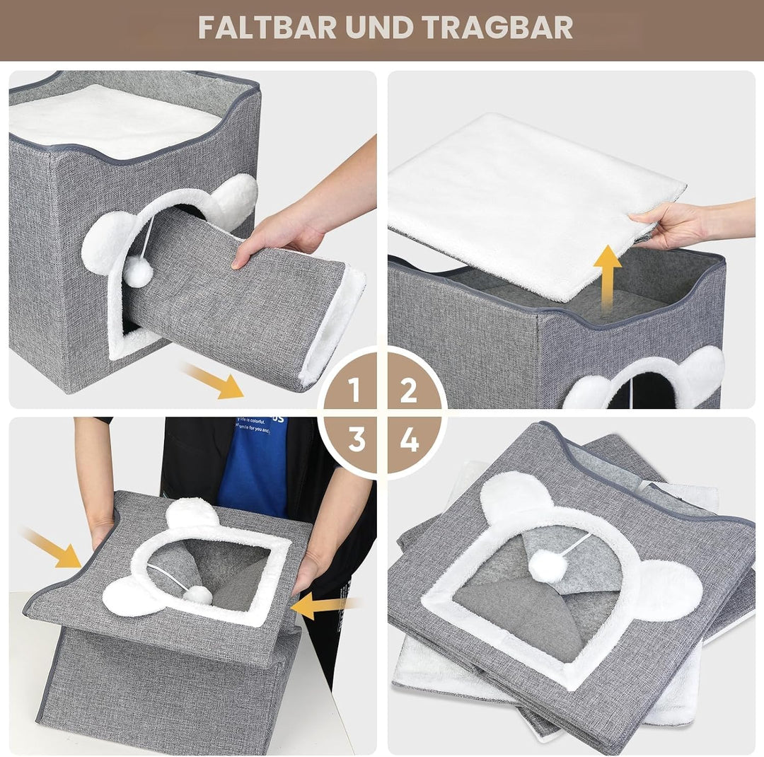 Katzenbetten für Indoor Katzen, Faltbares Katzenhaus, Katzenhöhle 2 Schicht Würfel Grosser Raum Katz