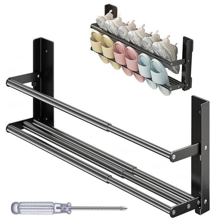 2 Ebenen Schuhregal Wandmontage - 37-67cm Schwar Schuhhalter Wand Schuhregal, Ausziehbar Schuhablage