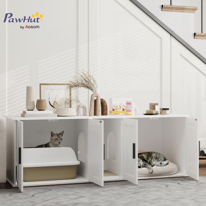 PawHut Katzenklo-Schrank 3 in 1 für Grosse Katzen 145 x 49 x 51 cm Weiss | Katzenschrank, Versteckte
