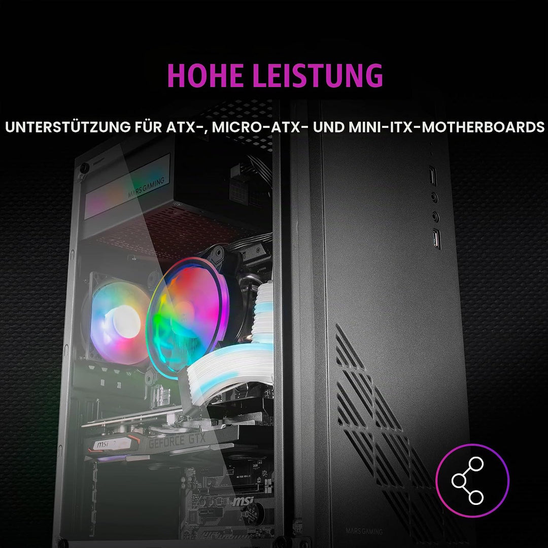 Mars Gaming MC100, ATX Gaming Gehäuse, 9 cm FRGB Lüfter, Convect-Cool Belüftung, SchwarzMars Gaming