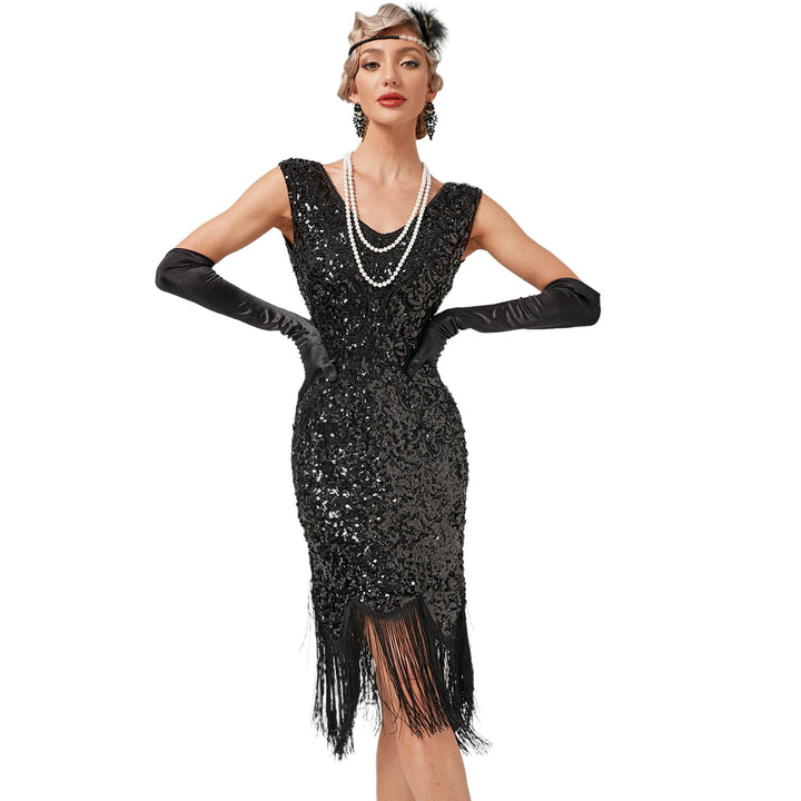 FYMNSI Damen 1920er Jahre V-Ausschnitt Pailletten Fransen Kleid Flapper Charleston Kleider Cocktailk