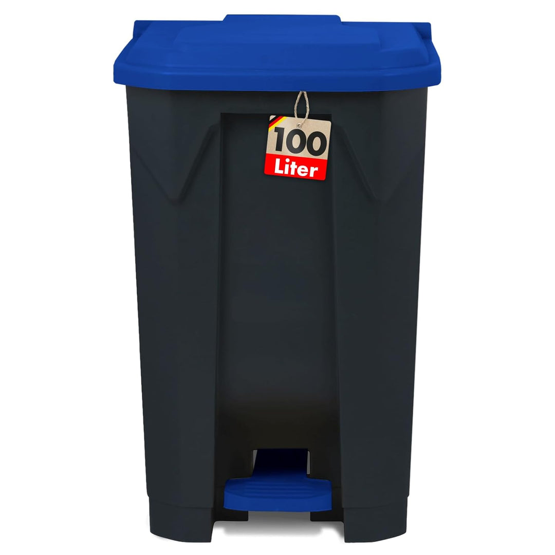 Floordirekt Mülleimer 100 Liter, blauer Deckel, Abfalleimer für Küche und Büro, Mülltrennsystem, Tre