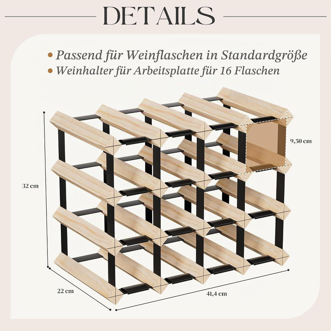 Urban Deco Weinregal Holz für 16 Flaschen, Stabiles Flaschenregal für Schrank, 41.4 x 22 x 32 cm, We