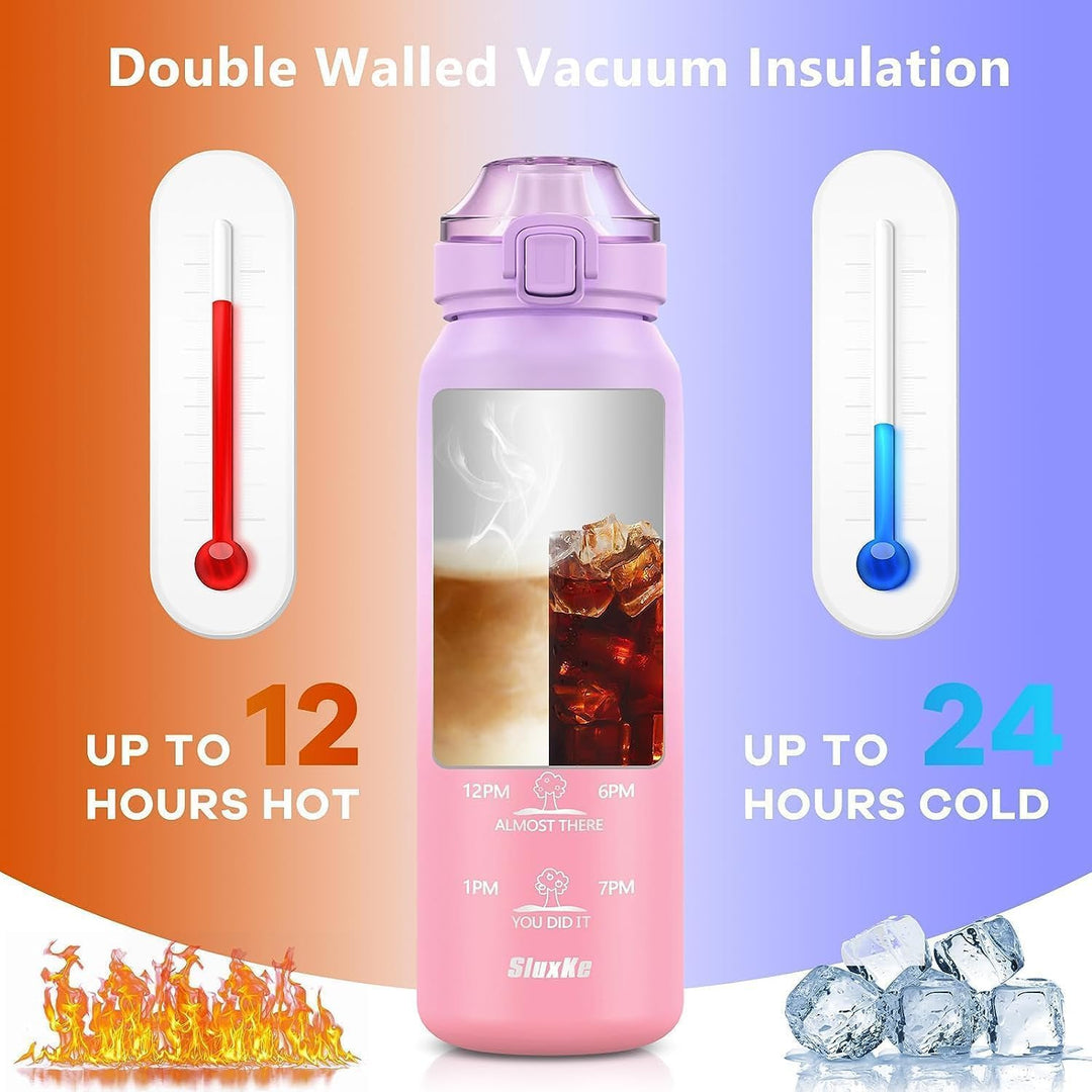 SLUXKE Trinkflasche Edelstahl 1Liter mit Zeitmarkierung, 1L Thermosflasche mit Premium Auslaufsicher