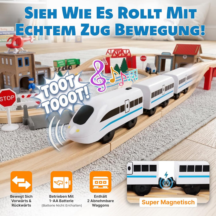 Green series Holzeisenbahn Set für Kinder - Eisenbahn Holz | Spielzeug Zug | Polizeistation, Autobah
