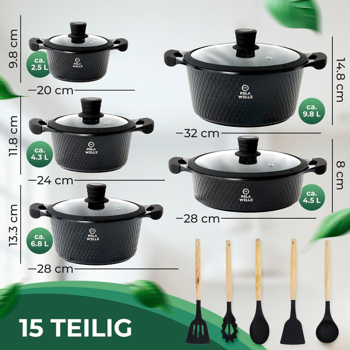 Pela Welle® Topfset Induktion [15-teilig Keramik] inkl. Küchenhelfer, Topfset antihaftbeschichtet |