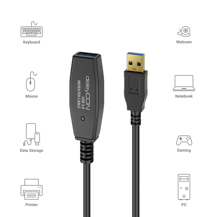 deleyCON 7,5m Aktives USB 3.0 Kabel Aktive Verlängerung mit 1 Signalverstärker USB3.0 Repeaterkabel